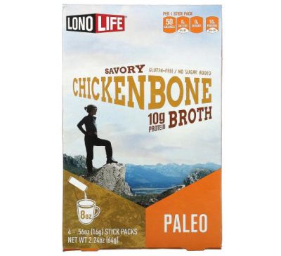 Lonolife, Broth, Chicken Bone, Paleo, 4 Stick Packs, .56 oz (16 g) Each