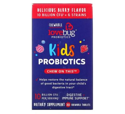 LoveBug Probiotics, Kids Probiotics,  Delicious Berry, 10 Billion CFU, 30 Chewable Tablets