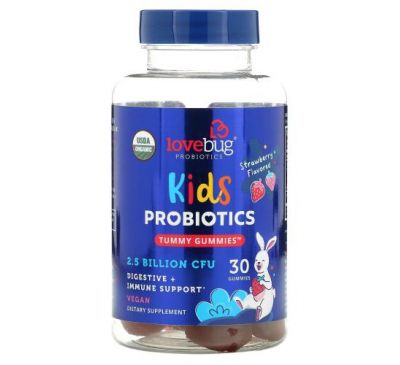 LoveBug Probiotics, Kids Probiotics, Tummy Gummies, Strawberry , 2.5 Billion CFU, 30 Gummies