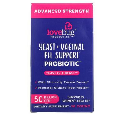 LoveBug Probiotics, Yeast + Vaginal PH Support Probiotic, Advanced Strength, 50 Billion CFU, 30 Count