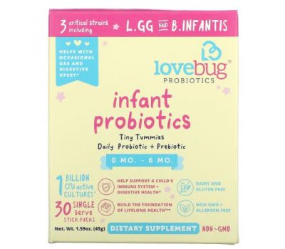 LoveBug Probiotics, пробіотики для дітей віком 0–6 місяців, 1 млрд КУО, 30 порційних пакетиків-стіків по 1,5 г (0,05 унції)