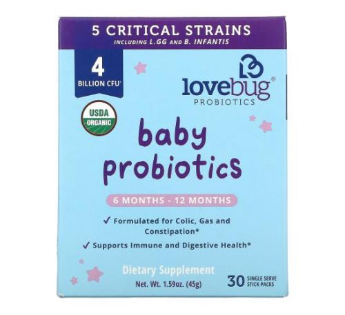 LoveBug Probiotics, пробіотики для дітей віком 6–12 місяців, 4 млрд КУО, 30 порційних пакетиків-стіків