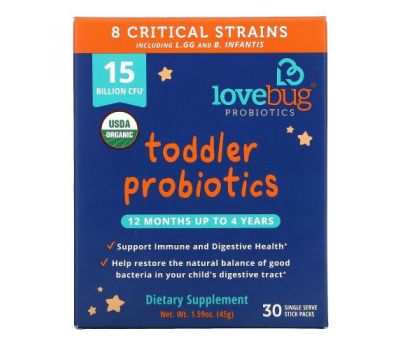 LoveBug Probiotics, пробіотики для дітей віком від 12 місяців до 4 років, 15 млрд КУО, 30 порційних пакетиків-стіків