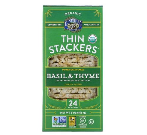 Lundberg, Organic Thin Stackers, Puffed Grain Cakes, Basil & Thyme, Lightly Salted, 24 Rice Cakes, 6 oz (168 g)