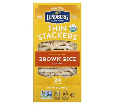 Lundberg, Organic Thin Stackers, воздушные лепешки, коричневый рис, без соли, 24 рисовых пирога, 168 г (6 унций)