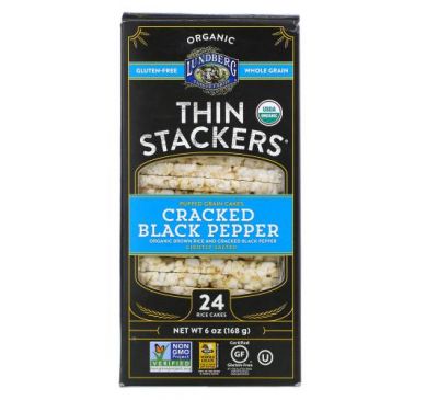 Lundberg, Organic Thin Stackers, Puffed Grain Cakes, Cracked Black Pepper, Lightly Salted, 24 Rice Cakes, 6 oz (168 g)