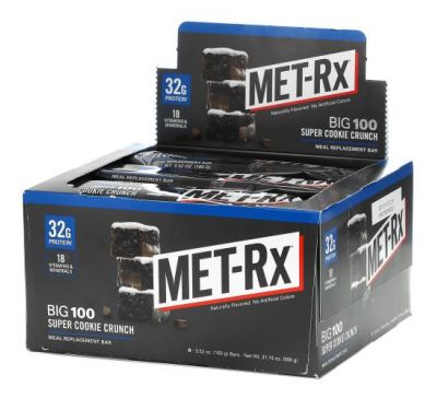 MET-Rx, Big 100, Meal Replacement Bar, Super Cookie Crunch, 9 Bars, 3.52 oz (100 g) Each