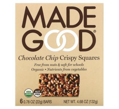 MadeGood, Crispy Squares, Chocolate Chip, 6 Bars, 0.78 oz (22 g) Each