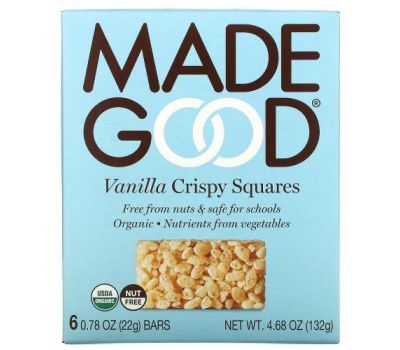 MadeGood, Хрустящие квадраты, ваниль, 6 батончиков, 22 г (0,78 унции) каждый