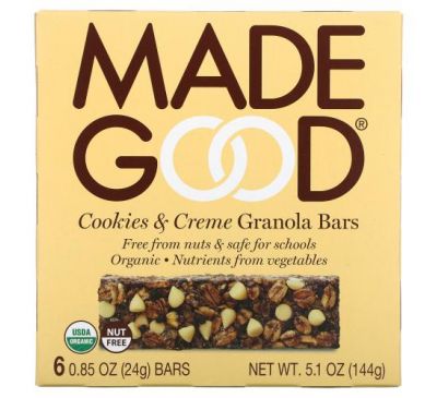 MadeGood, Granola Bar, Cookies & Crème, 6 Bars, 0.85 oz (24 g) Each