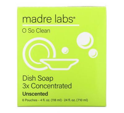 Madre Labs, засіб для миття посуду, потрійний концентрат, без запаху, 6 пакетиків, по 118 мл (4 рідк. унції) кожний
