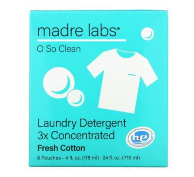 Madre Labs, засіб для прання, потрійний концентрат, свіжа бавовна, 6 пакетиків, по 118 мл (4 унції) в кожному