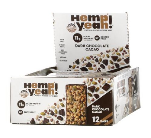 Manitoba Harvest, Hemp Yeah!, Protein-Packed Super Seed Bar, Dark Chocolate Cacao, 12 Bars, 1.59 oz (45 g) Each