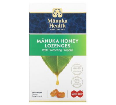 Manuka Health, Леденцы с медом Manuka, прополис, MGO 400+, 15 леденцов