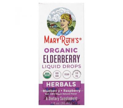 MaryRuth Organics, Organic Elderberry Liquid Drops, Herbals, Blueberry + Raspberry, 1 fl oz (30 ml)
