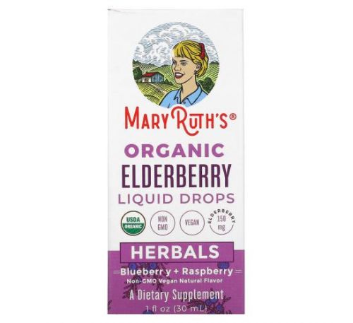 MaryRuth Organics, Organic Elderberry Liquid Drops, Herbals, Blueberry + Raspberry, 1 fl oz (30 ml)