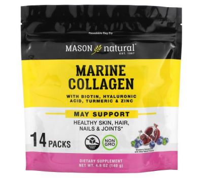 Mason Natural, Marine Collagen with Biotin, Hyaluronic Acid, Turmeric & Zinc, Blueberry Pomegranate, 14 Packs, 4.9 oz (140 g)