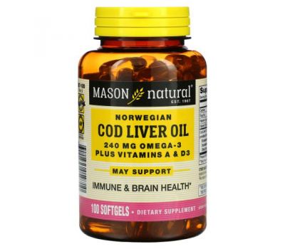 Mason Natural, Norwegian Cod Liver Oil Plus Vitamins A & D3, 100 Softgels