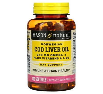 Mason Natural, Norwegian Cod Liver Oil Plus Vitamins A & D3, 100 Softgels