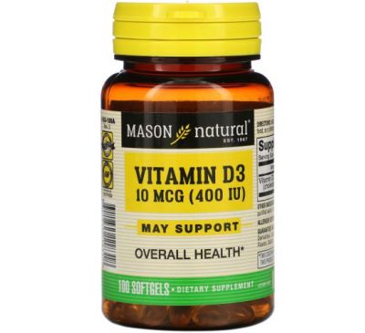 Mason Natural, Vitamin D3, 10 mcg (400 IU), 100 Softgels