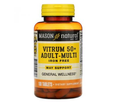 Mason Natural, Vitrum 50+, мультивітаміни для дорослих від 50 років, без заліза, 100 таблеток