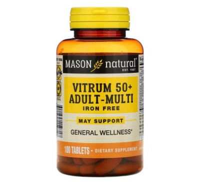 Mason Natural, Vitrum 50+, мультивитамины для взрослых, без железа, 100 таблеток