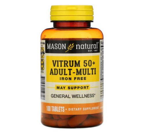 Mason Natural, Vitrum 50+, мультивітаміни для дорослих від 50 років, без заліза, 100 таблеток