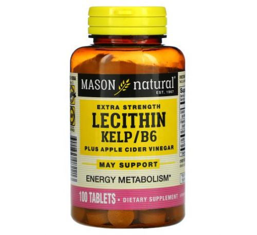 Mason Natural, лецитин, морські водорості, вітамін B6 і яблучний оцет, підвищена сила дії, 100 мг, 100 таблеток
