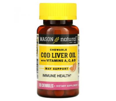 Mason Natural, жир з печінки тріски з вітамінами А, С і D у жувальних таблетках, штучний ароматизатор апельсину, 100 таблеток