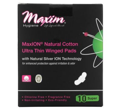 Maxim Hygiene Products, MaxION Natural Cotton, Ultra Thin Winged Pads, Super, 10 Pads