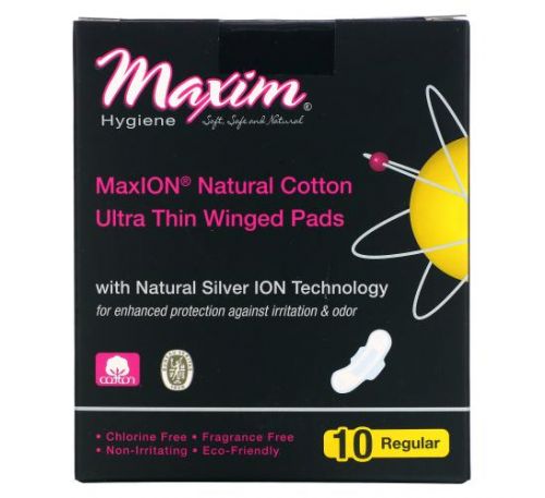 Maxim Hygiene Products, Ultra Thin Winged Pads, With Natural Silver ION Technology, Regular, 10 Pads