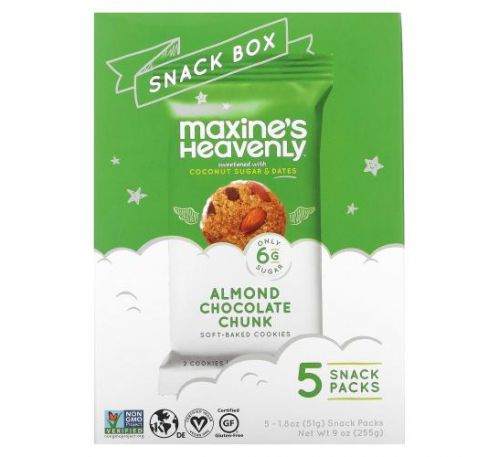 Maxine's Heavenly, Snack Box, Soft-Baked Cookies, Almond Chocolate Chunk, 5 Snack Packs, 1.8 oz (51 g) Each