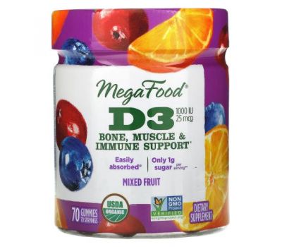 MegaFood, D3, Mixed Fruit, 1,000 IU (25 mcg), 70 Gummies