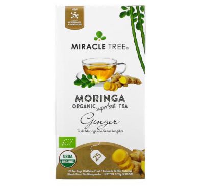 Miracle Tree, Moringa Organic Superfood Tea, Ginger, Caffeine Free, 25 Tea Bags, 1.32 oz (37.5 g)