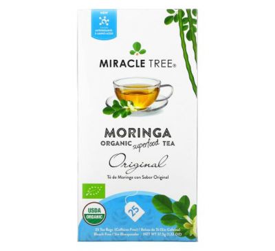 Miracle Tree, Moringa Organic Superfood Tea, Original, без кофеина, 25 чайных пакетиков, 37,5 г (1,32 унции)