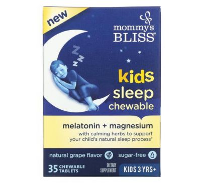 Mommy's Bliss, детские жевательные таблетки для сна, мелатонин + магний, для детей от 3 лет, натуральный виноград, 35 жевательных таблеток