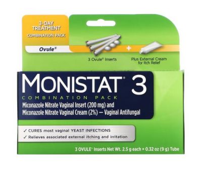 Monistat, 3-Day Treatment Combination Pack, 3 Ovule Inserts, 2.5 g Each + 0.32 oz (9 g) Tube