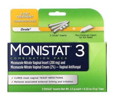 Monistat, 3-Day Treatment Combination Pack, 3 Ovule Inserts, 2.5 g Each + 0.32 oz (9 g) Tube