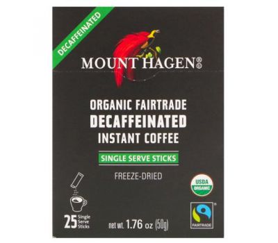 Mount Hagen, Органический растворимый кофе без кофеина, закупленный по принципам справедливой торговли, 25 порционных пакетиков-стиков, 50 г
