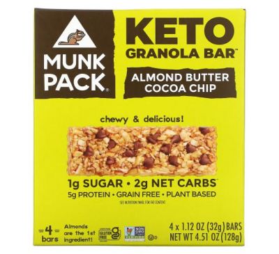Munk Pack, Keto Granola, батончики с миндальным маслом и какао, 4 батончика по 32 г (1,12 унции)