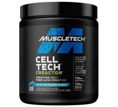 Muscletech, Cell Tech CREACTOR, гідрохлорид креатину + креатин у вільній формі, зі смаком блакитної малини, 264 г (9,32 унції)
