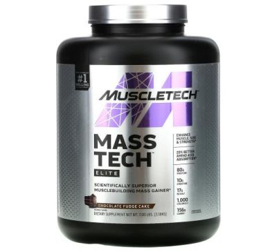 Muscletech, Mass-Tech Elite, науково покращений комплекс для нарощування м'язової маси, зі смаком шоколадного торту, 3,18 кг (7,00 фунтів)