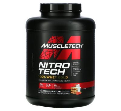 Muscletech, Nitro Tech, 100 % сироватковий протеїн, пісочне печиво з полуницею, 2,28 г (5,03 фунта)