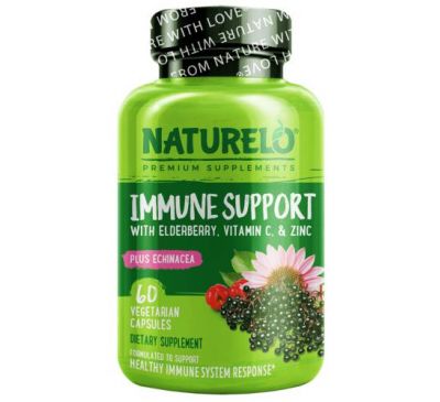 NATURELO, Поддержка иммунитета с бузиной, витамином С, цинком и эхинацеей, 60 вегетарианских капсул