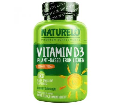 NATURELO, витамин D3, на растительной основе, 125 мкг (5000 МЕ), 180 капсул, которые легко глотать