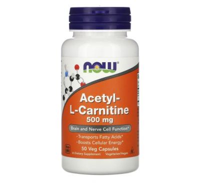 NOW Foods, ацетил-L-карнитин, 500 мг, 50 вегетарианских капсул