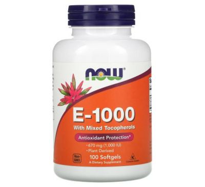 NOW Foods, E-1000, витамин E со смешанными токоферолами, 670 мг (1000 МЕ), 100 капсул