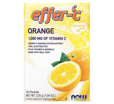 NOW Foods, Effer-C, Effervescent Drink Mix, Orange, 1,000 mg, 30 Packets, .26 oz (7.5 g) Each