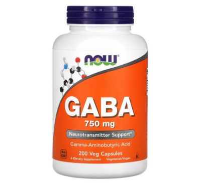 NOW Foods, GABA, 750 мг, 200 рослинних капсул