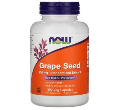 NOW Foods, Стандартизированный экстракт из виноградных косточек, 100 мг, 200 растительных капсул